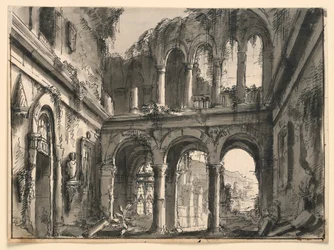 Dibujo, Diseño de escenario, Interior de un palacio renacentista en ruinas, principios del siglo XIX